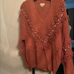 POL Women's V-Neck Sweater in Orange with Fringe and Pearl Accents